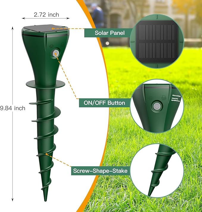 4 Pack Mole Repellent Solar Powered - Ultrasonic Gopher Deterrent Stake for Outdoor Lawns with Electic Vibration, Repels Snake Vole Groundhog Armadillo from Yard and Garden