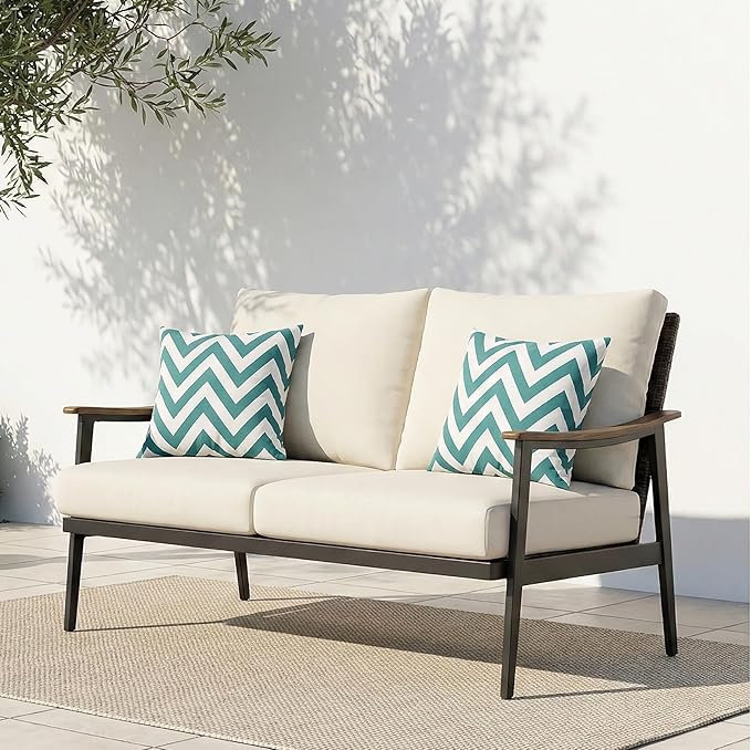 NATURAL EXPRESSIONS Patio Loveseat Sofa Outdoor Furniture Metal Chair with Wicker Backrest & 6 Inches Cushion for Indoor, Front Porch, Deck, Balcony, Backyard, 51.77"(L) x 29.75"(W) x 33.86"(H).