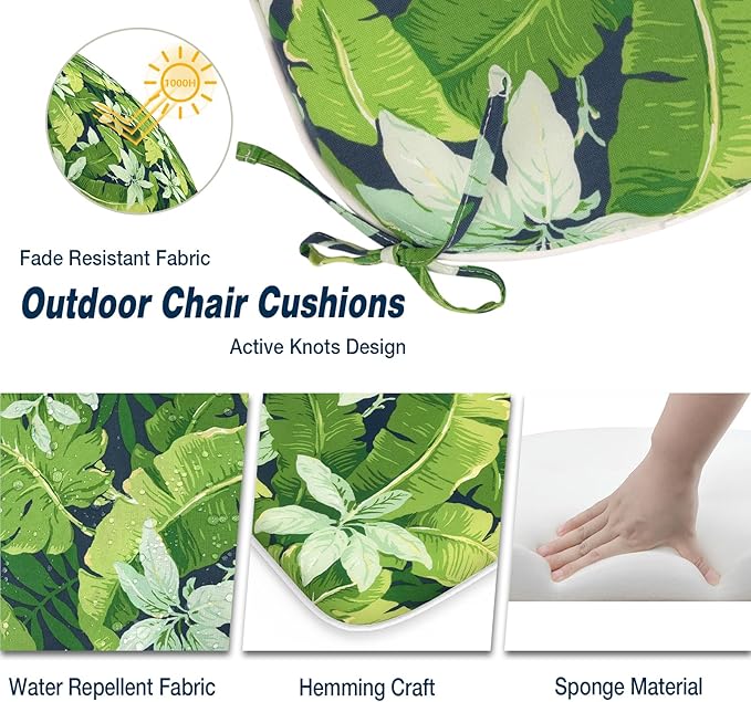 Outdoor 16"x17" Chair Pads Set of 4, Water Resistant Patio Chair Cushions with Ties, Seat Cushions for Home Garden Furniture Decoration, Jungle Leaves