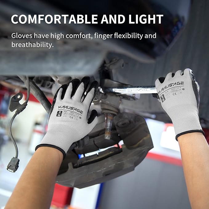 MANUSAGE Safety Work Gloves for Men and Women - Nitrile With Touchscreen Fingers and Grip - Mechanics Gloves (Size-XL, Grey, 12 Pairs)