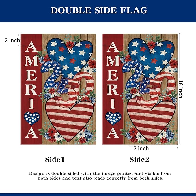 4th of July Garden Flag, 250 Anniversary USA Flag Patriotic America Memorial Day Yard Outdoor Decorations Outside American Heart 250 Years Fourth of July Garden Flag Double Sided Waterproof 12x18 Inch