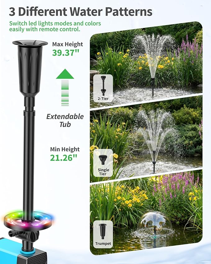 POPOSOAP Pond Fountain with LED Lights, 660GPH Submersible Pump RGB Pond Filter System with Adjustable Height & Water Flow for Garden Pond Fish Tank Day & Night Pond Decoration -P1104D