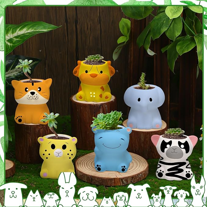 Beeveer 6 Sets Paint Your Own Ceramic Animal Succulent Planters Paintable Animal Ceramic Small DIY Figurines Unpainted Succulent Pots with Drainage Hole for Adults