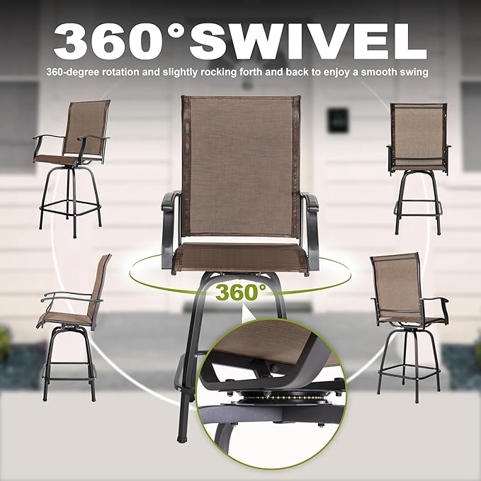 NUU GARDEN 5 Piece Outdoor Swivel Bar Set, All Weather Patio High Bar Stool Bistro Set with Textilene Height Back Bar Chairs and Slatted Metal Bar Table with Umbrella Hole, Black and Brown