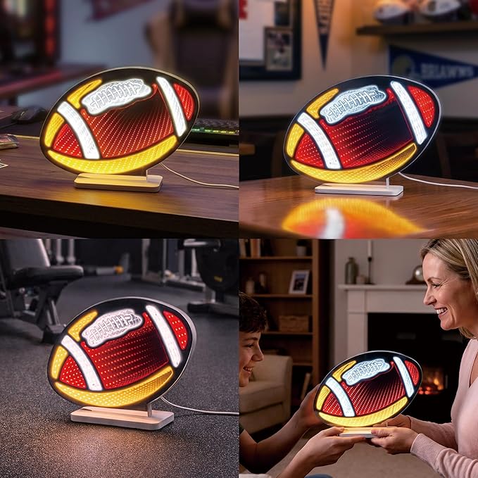3D Football Infinity Mirror Light, LED Infinity Mirror Night Light with Endless Sports Tunnel Effect, USB Powered 3D LED Lights for Man Cave & Game Room Decor, Gift for Fans Men, 11"x8.3"