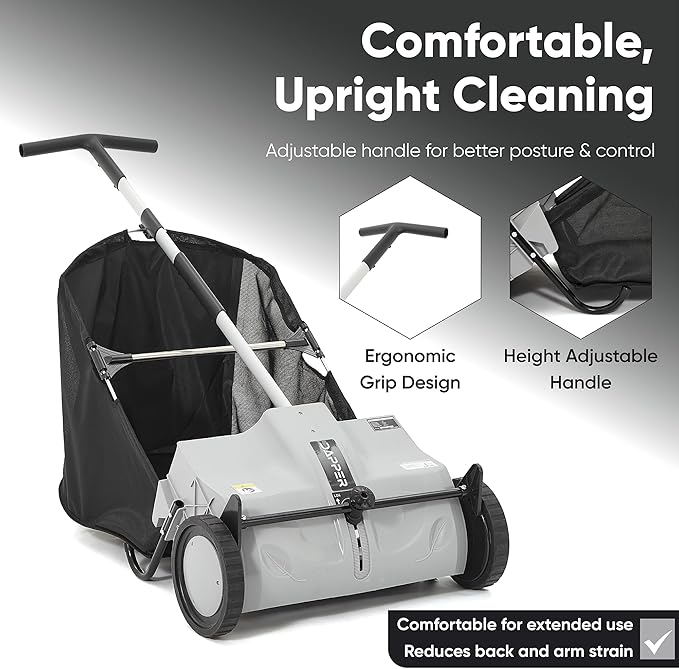 Dapper Supply 22-Inch Push Lawn Sweeper, Grass, Lawn and Leaf Cleanup Collector with Large 3.5 cu. ft. Hopper Bag, Durable Wheels, and Dual Spinning Brushes, Grey