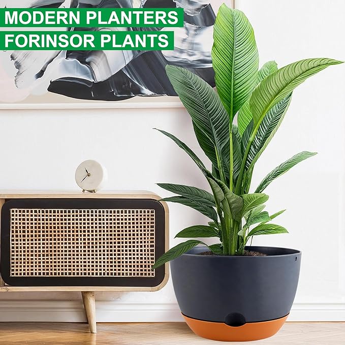 Nooulap 12/10/8/8 Inch Pots for Plants, 4 Pack Large Self Watering Pots for Indoor Plants with Drainage and Saucers, Plastic Outdoor Flower Pot(Grey)