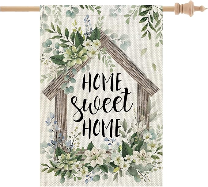 CROWNED BEAUTY Spring Home Sweet Home House Flag Eucalyptus Double Sided 28x40 Inches Large Burlap Welcome Holiday Seasonal Yard Decoration for Outside Porch
