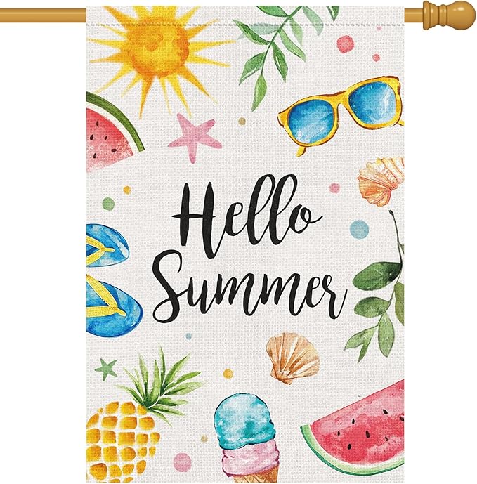 Hello Summer House Flag 28x40 Inch Double Sided for Outside, Burlap Colorful Sun Ice Cream Fruits Beach Sign Yard Outdoor Decoration