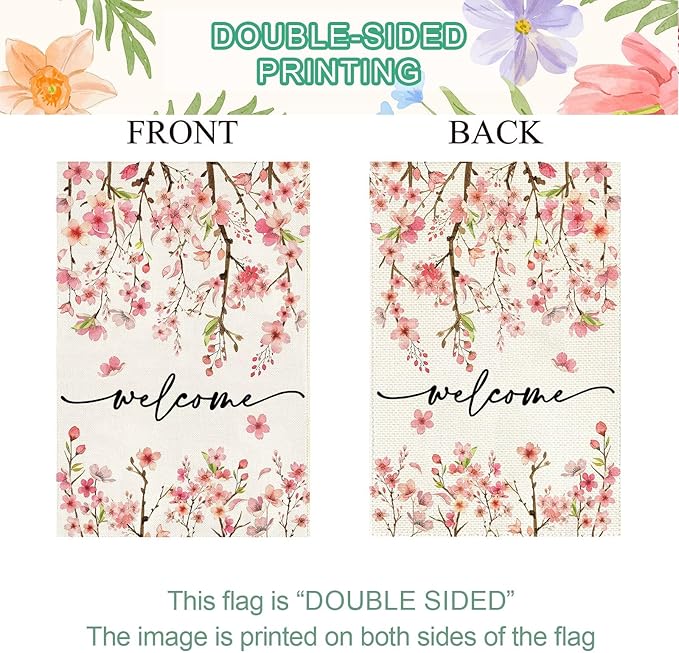 Baccessor Spring Summer Welcome Garden Flag 12.5 x 18 Inch Double Sided Burlap Pink Floral Cherry Blossom Farmhouse Small Yard Flag Summer Holiday Seasonal Outdoor Outside Decoration