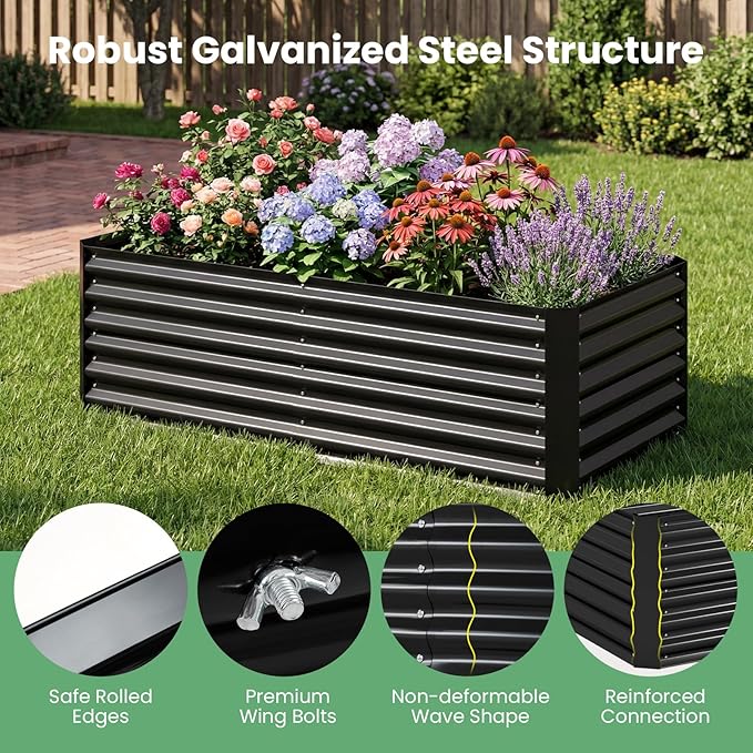 HAPPYGRILL Raised Garden Bed with Cover, Planter Boxes Outdoor w/Mini Greenhouse, 2 Roll-up Windows & Open-Ended Base, Metal Growing Raised Bed for Vegetables (Black, 71” x 36” x 48”)