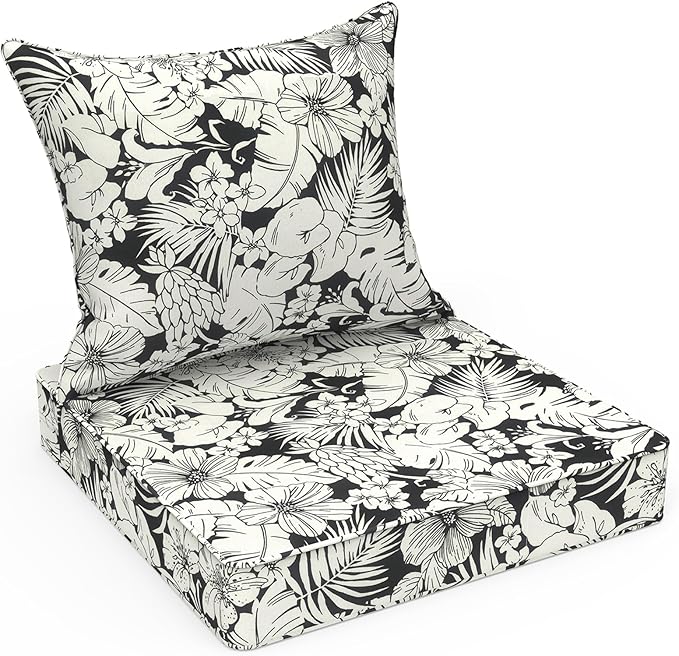 LVTXIII Outdoor/Indoor Deep Seat Cushion Patio Seat and Back Cushion Set All-Weather Replacement Chair Cushion for Wicker Chairs and Garden Furniture Decoration, 24"x24"x4", Tropical Blossom Noir