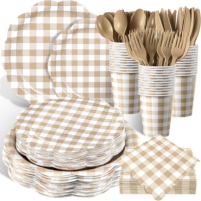 Funnymoom 400 Pcs Gingham Party Supplies for 50 Guests Khaki and White Paper Plates and Napkins Knives Spoons Forks Cups Disposable Checkered Dinner Party Set Cutlery for Baby Shower Wedding Favor