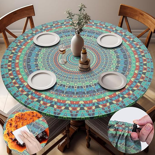 Waterproof Boho Vinyl Round Tablecloth Fitted Table Cloth Summer Fall Outdoor Circle Cover for 45-54" Tables Dining Kitchen Apartment Essentials Picnic Camping Party Decor Housewarming Gifts