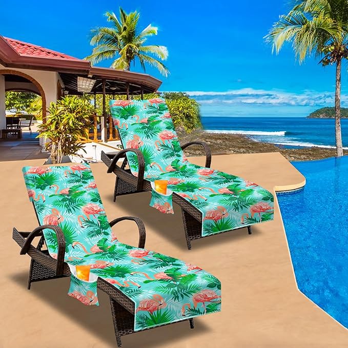 Beach Chair Cover (1Pc), Lounge Chair Covers with Side Pockets 85 x 30，Thick and Quick Dry Lounge Chair Towel Cover for Sun Lounger, Pool Beach Garden Outdoor Tanning Chair Cover,Flamingo Theme