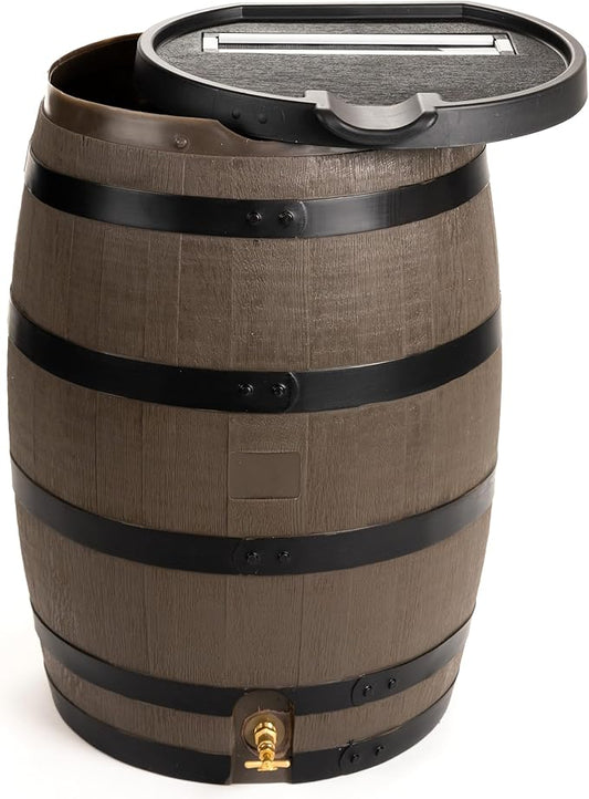RTS Home Accents Premium 55-Gallon Rain Barrel with Removable Lid, Flat Back Rain Water Collection Barrel, Woodgrain with Black Stripes