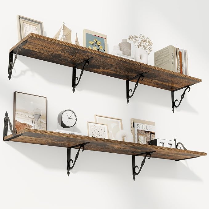 RICHFOCUS 12 Inch Deep Floating Shelves for Wall, 55" W x 12" D Wood Wall Shelves Set of 2, Wide Floating Shelves for Living Room, Bedroom, Kitchen, Bathroom and Decor Storage, Rustic Brown