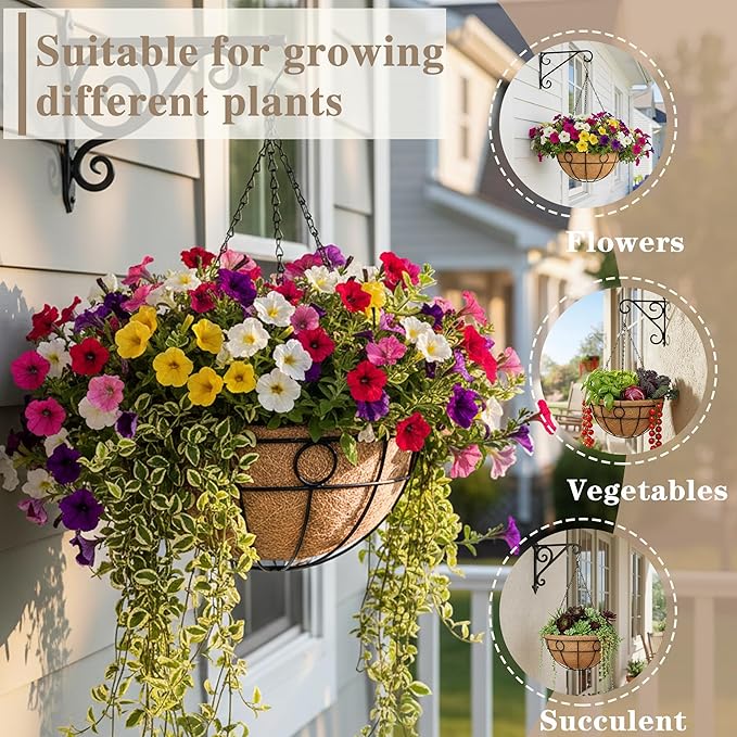 EIMQUVW Outdoor Hanging Planter Set (4 Pack) Durable Hanging Baskets with Coconut Fiber Lining and Chain 12 Inch Black Round Metal Flower Pots for Spring Summer Indoor and Outdoor Decorating