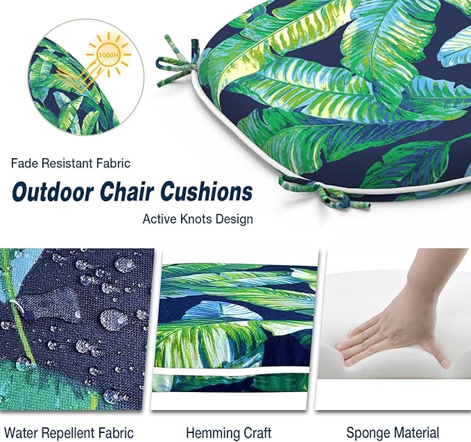 Outdoor Chair Cushions Set of 4, Water Resistant Patio Chair Pads with Ties, Seat Cushions for Home Garden Furniture Decoration, 16"x17", Hanalei Lagoon