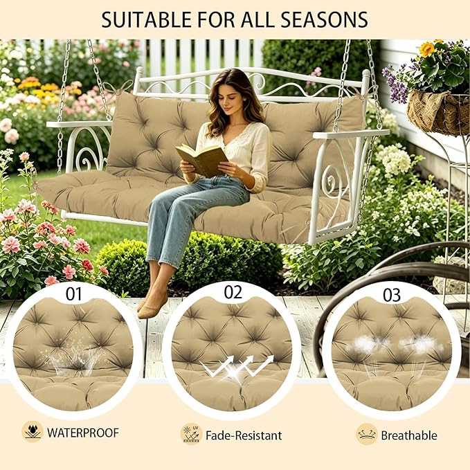Premium 5" Thicken Porch Swing Cushions Waterproof 3 Seater Replacement Cushions with Backrest and Adjustable Straps, Outdoor Furniture Cushions for Patio, Garden(40×40×5inch)