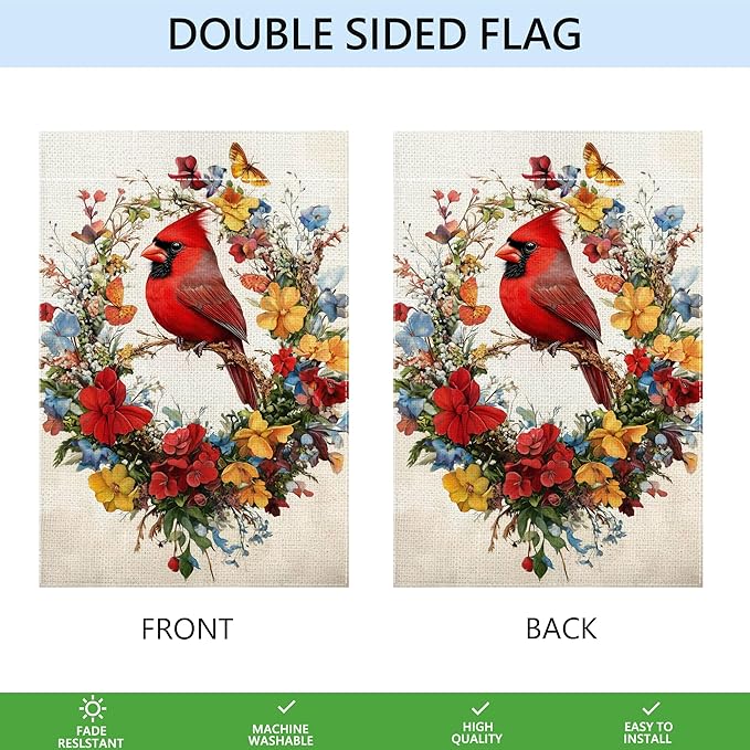 Red Bird Butterfly Flowers Garden Flag 12x18 Inch Double Sided Spring Summer Cardinal Colorful Floral Yard Outdoor Flag House Holiday Outside Decoration