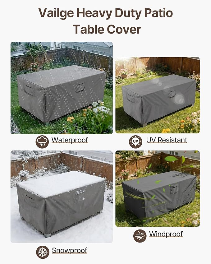 Vailge Rectangular/Oval Patio Table Cover, Heavy Duty Waterproof Outdoor Lawn Patio Furniture Covers, X-Large Grey