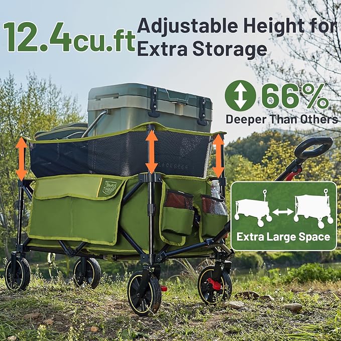 Timber Ridge Collapsible Folding Wagon 350L Extra Large with Brake, Heavy Duty Camping Utility Cart Outdoor, Extended Height Adjustable Handle, Cup Holders, Side Bag, Green