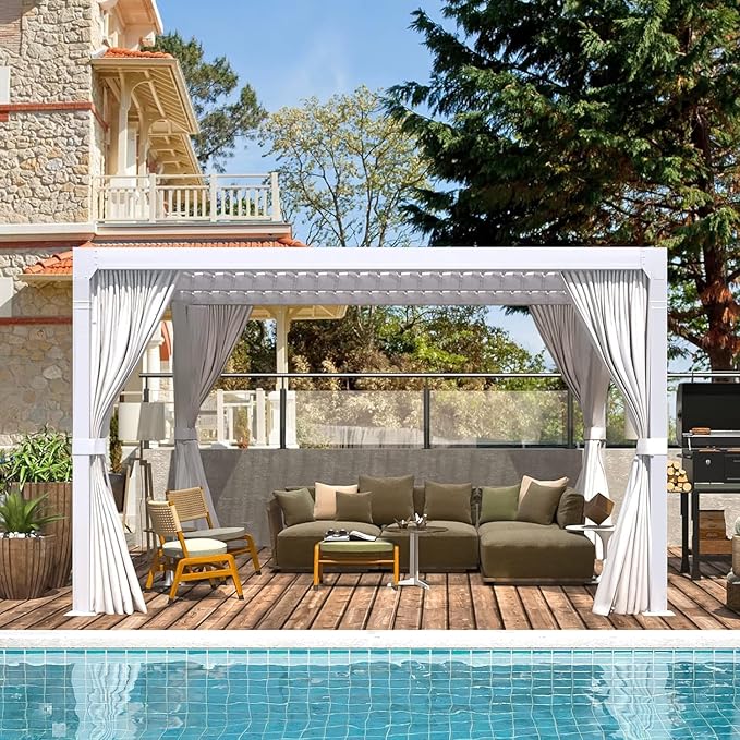 EROMMY Louvered Pergola 10x10, Outdoor Aluminum Pergola with Adjustable Rainproof Roof for Garden, Patio, Deck, Waterproof Curtains and Netting Included, White