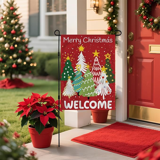 Christmas Decorations Outdoor - Xmas Tree Welcome Garden Flag | Christmas Party Decor Favors Supplies for Indoor Outside -Red Navidad Double-Side Backdrop Banner for Garden Porch Patio Lawn Yard,12x18