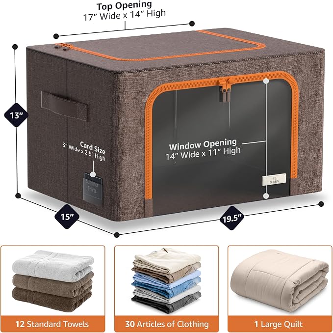 Sorbus Clothing Storage Bins with Clear Window, Metal Frame (4 Pack, Brown) | Oxford-fabric containers with carry handles stack neatly to organize bedding and linens in closets and laundry rooms.