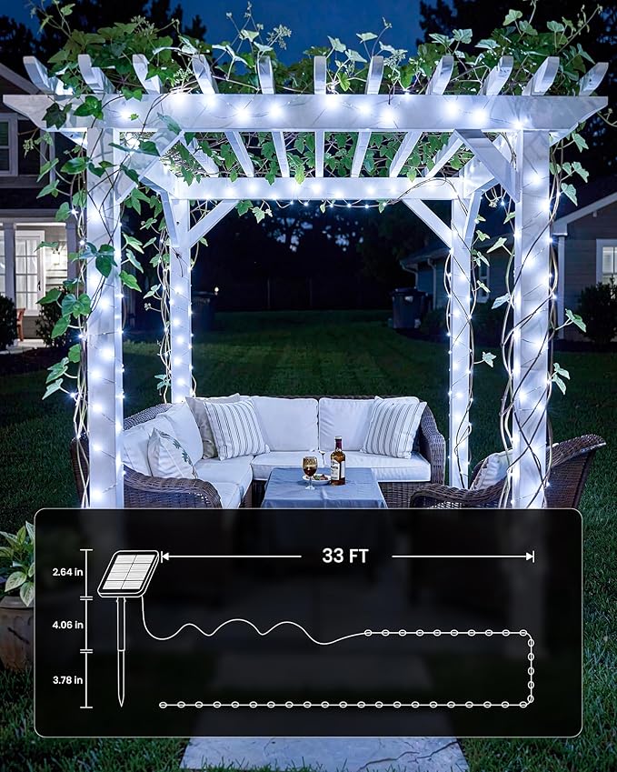 Minetom 2 Pack Solar String Lights, Total 66Ft 200 LED Solar Fairy Lights Outdoor Waterproof, 8 Modes Firefly Starry Moon Twinkle Lights for Yard Garden Patio Tree DIY Crafts Wedding Party(Cool White)