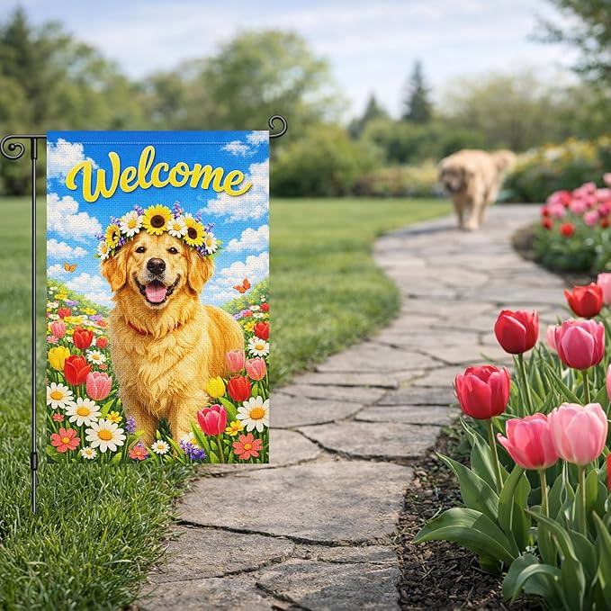 Heyfibro Spring Welcome Garden Flag 12x18 Inch Double Sided Golden Retriever Floral Garden Flag Small Yard Flags for Outside House Farmhouse Seasonal Spring Outdoor Decorations