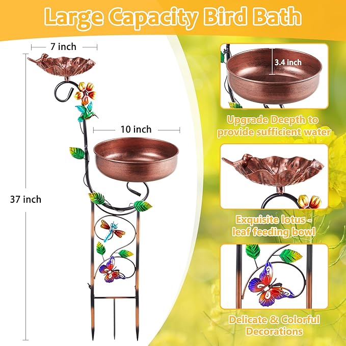 2 In 1 Bird Bath for Outside, Free Standing Large Metal Bird Baths Bowls & Bird Feeder Combo for Outdoors Garden Yard Lawn Decor, Vintage Wild Birdbaths Stand for Hummingbird, Copper