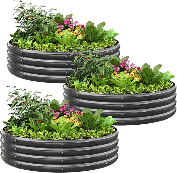 KING BIRD Raised Garden Bed Galvanized Round Planter Box Outdoor for Gardening, Plants, Vegetables, Flowers, Dark Grey, 47x47x12 in 3 Packs