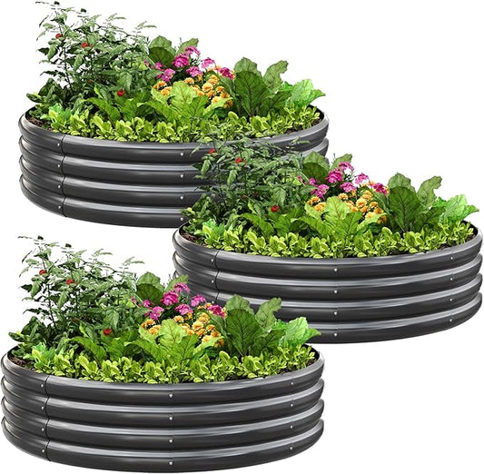 KING BIRD Raised Garden Bed Galvanized Round Planter Box Outdoor for Gardening, Plants, Vegetables, Flowers, Dark Grey, 47x47x12 in 3 Packs