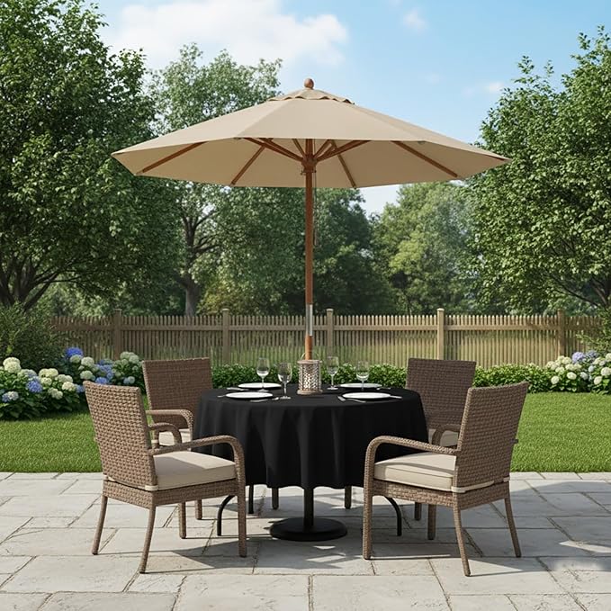 Outdoor Tablecloth Wrinkle-Free Stain Resistant Waterproof Polyester Fabric Table Cover with Zipper Umbrella Hole for Picnic/Party/Dinner/Patio Garden(60inch Round,Zippered,Black)