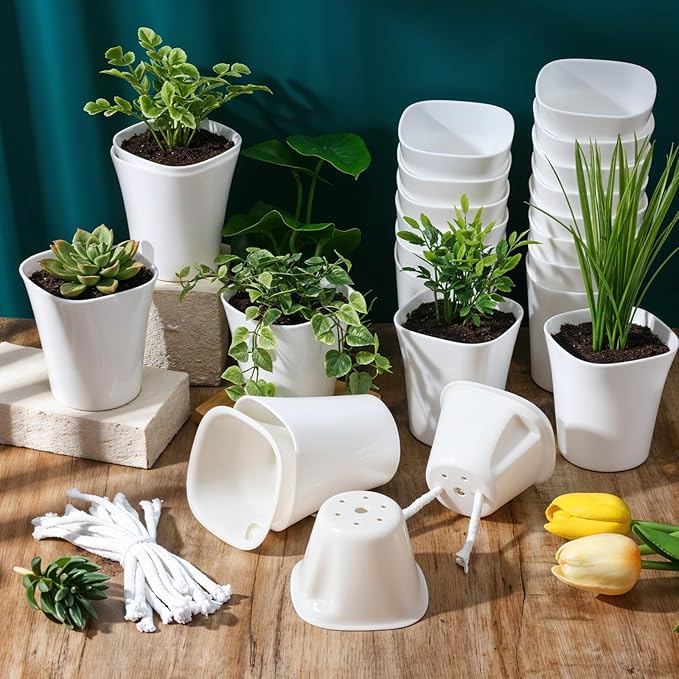 Kifmurase 20 Pcs 3 Inch Self Watering Pots for Indoor Planters, Plastic Self Watering Planter Pot Garden Flower Pots with Water Level Indicator Vents for Succulents (White)