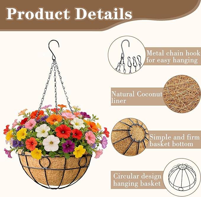 EIMQUVW Outdoor Hanging Planter Set (4 Pack) Durable Hanging Baskets with Coconut Fiber Lining and Chain 12 Inch Black Round Metal Flower Pots for Spring Summer Indoor and Outdoor Decorating