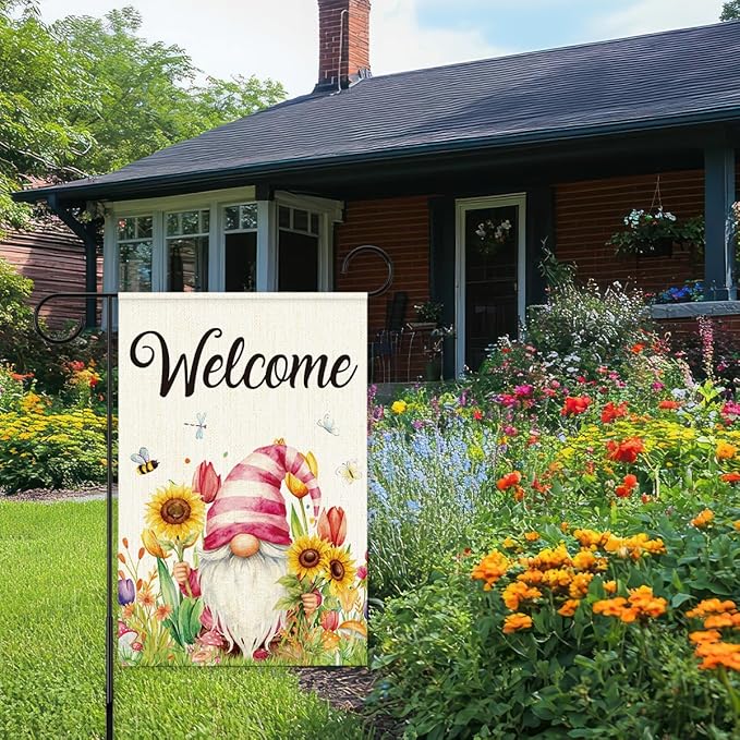 Welcome Flags for Outside,Spring Floral Gnome Garden Flag for Yard Patio Lawn Decoration,12x18 Inch Double Sided