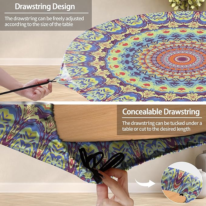 Fitted Waterproof Round Tablecloth Small Mandala Patio Table Cloths for 36-44" Tables Camper Travel Vacation Accessories Outdoor Road Trip Must Haves New Home Living Room House Decorations