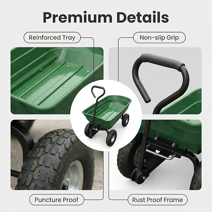 Garvee Wheelbarrow Garden Cart, Heavy-Duty Garden Dump Cart, Four-Wheel Home Garden Yard Utility Wheelbarrow Cart with Built-in Stand & D-Handle Steering for Gardening, Yard Work & Landscaping
