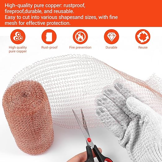 Copper Mesh Rodent Control, 5 in x 50 ft Proof Wire Screen Roll for Mice Rat Rodent, Bat & Snail, DIY Blocker Weep Hole Filler & Wool Mouse Trap