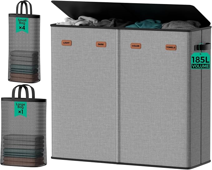 185L Laundry Hamper 4 Section with Lid & Removable Bags | Collapsible laundry basket organizer for laundry room, bedroom & dorm with 5 removable washing bags