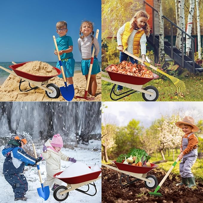 Qtioucp Kids Wheelbarrow Set with Gardening Tools Outdoor Backyard Garden Play for Toddlers Boys Girls 3-8, with Shovel, Rake, Leaf Rake, Easter Birthday Gifts (Red Garden Set)