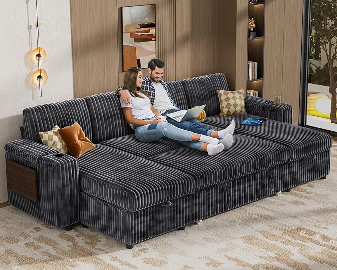 Vipbear 108" Modular Sectional Sleeper Sofa with Pull Out Bed, 4 Seat Plush Corduroy U Shaped Couch with USB Ports|Cup Holders|Side Table|Storage Chaise Armrests, Tool Free Assembly, Grey