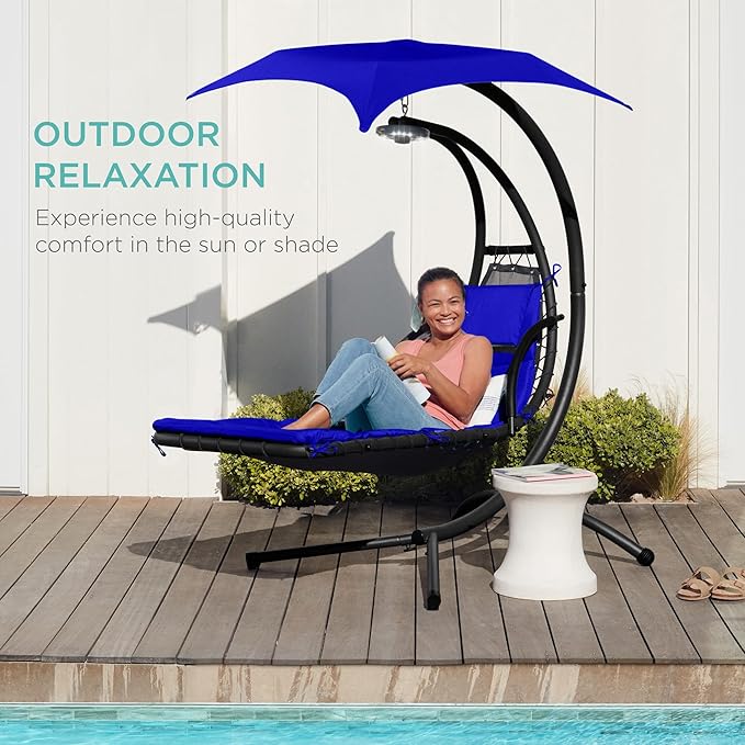Best Choice Products Hanging LED-Lit Curved Chaise Lounge Chair Swing for Backyard, Patio, Lawn w/ 3 Light Settings, Weather-Resistant Pillow, Removable Canopy Shade, Steel Stand - Resort Blue