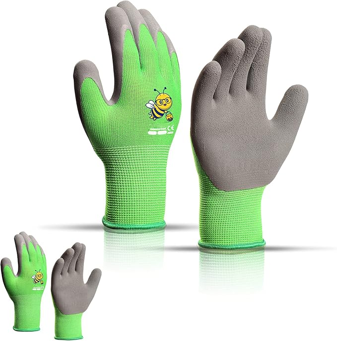 KDK Ages 8-10 Kids Gardening Gloves,Yard Work Gloves for Toddlers, Youth, Girls, Boys, Childrens, Soft Safety Rubber Gloves (XS Age 8-10, 2 Pairs Green Bee)