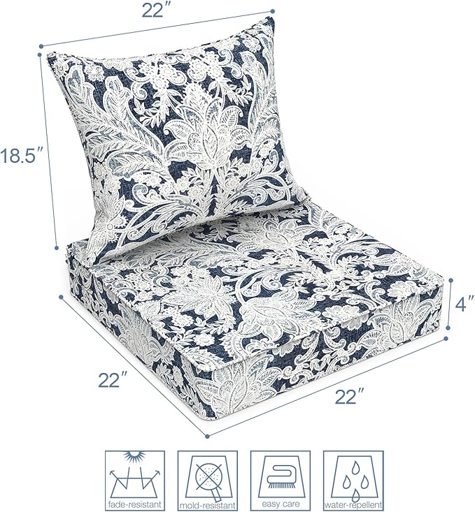 LVTXIII Outdoor Seat and Back Cushion Patio Deep Seat Cushion Set Seasonal Chair Cushion for Wicker Chairs and Garden Furniture Decoration, 22"x22"x4", Damask Lapis