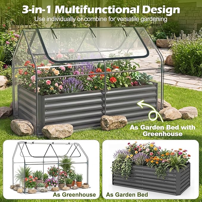 S AFSTAR 3-in-1 Raised Garden Bed with Greenhouse Cover, 6FT x 3FT x 4FT Galvanized Bottomless Planter Box Kit with Dual Roll-Up Screen Windows, Outdoor Mini Greenhouse for Vegetables (Black & Clear)