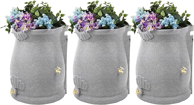 Good Ideas Rain Wizard 50 Gallon Rain Saver Barrel Water Storage Urn with Planter Space and 2 Brass Spigots, Light Granite (3 Pack)